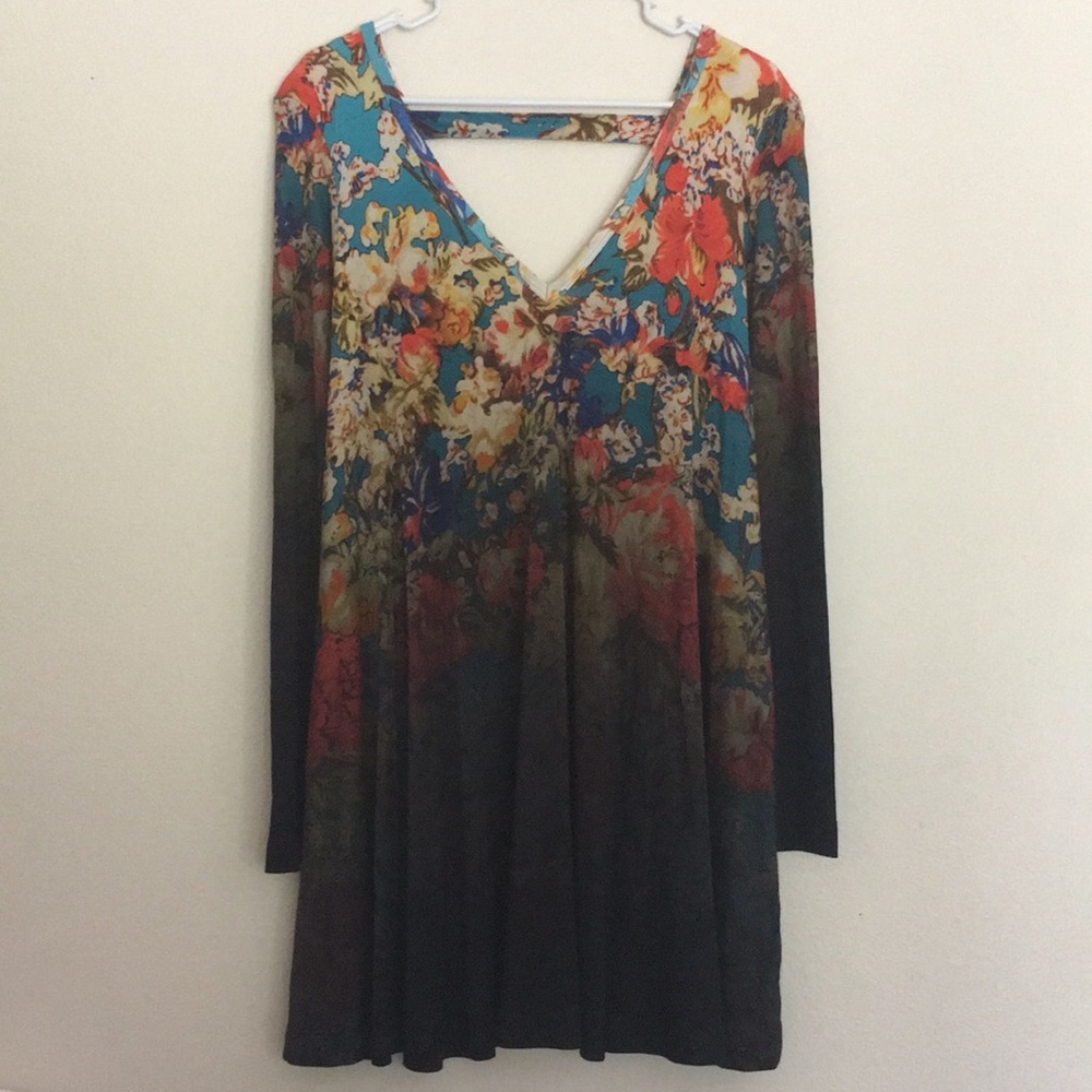 Trapeze Dress Long Sleeve w Pockets Ombré Floral